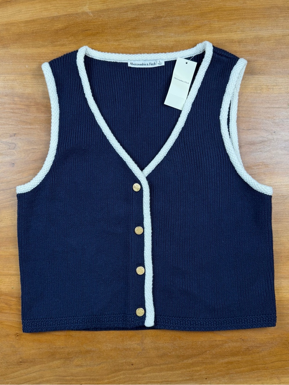 NWT Abercrombie & Fitch Mara Button Up Sweater Vest L Navy White Gold Buttons
